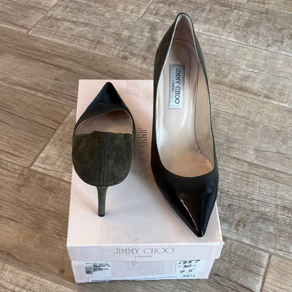 Jimmy Choo Patent Suede Black/Military 3” Heels